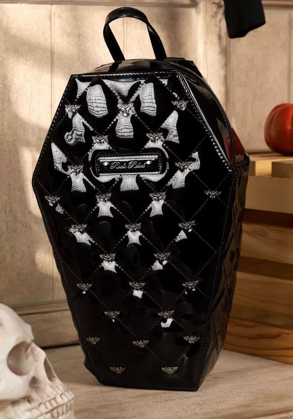 Best Rock Rebel Shop Bat Studded Quilted Faux Patent Black Coffin Backpack