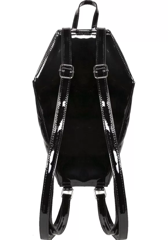 Best Rock Rebel Shop Bat Studded Quilted Faux Patent Black Coffin Backpack