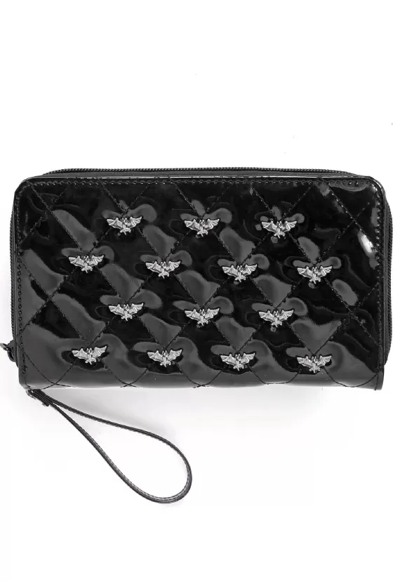 Cheap Rock Rebel Shop Bat Studded Quilted Faux Patent Zip-Around Black Wallet