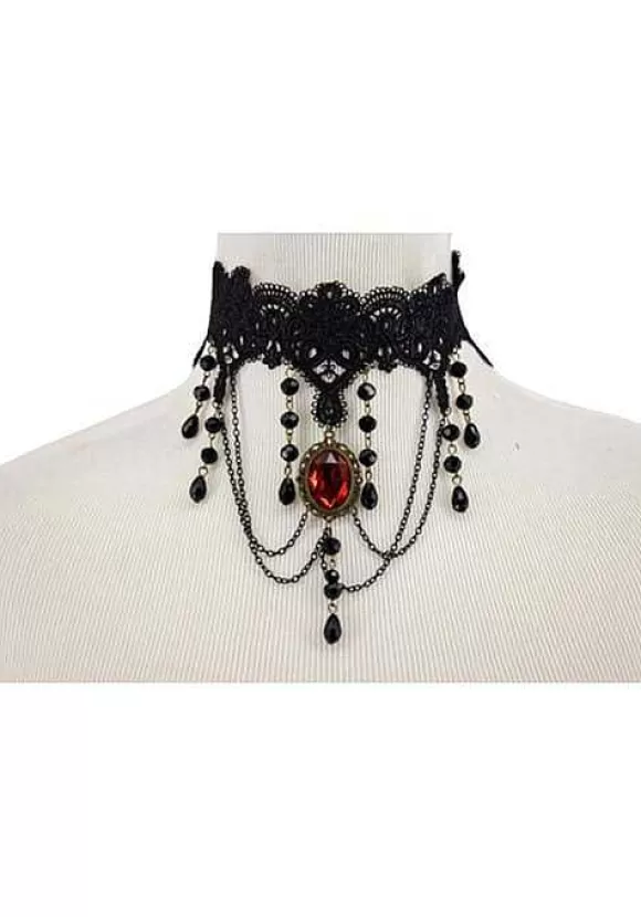 Fashion Western Fashion Bead And Chain Choker With Red Pendant