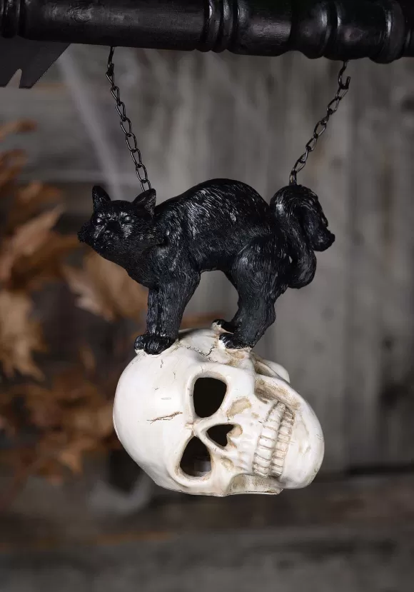 Hot K&K Interiors Black 8" Resin Cat On Led Skull Figure