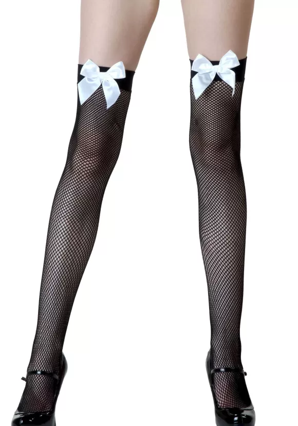 Fashion Leg Avenue Black Fishnet / White Bow Thigh High Stockings