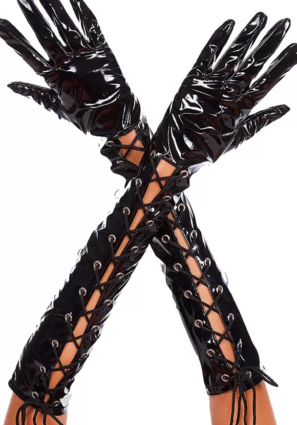 Hot Music Legs Black Patent Lace Up Gloves For Women