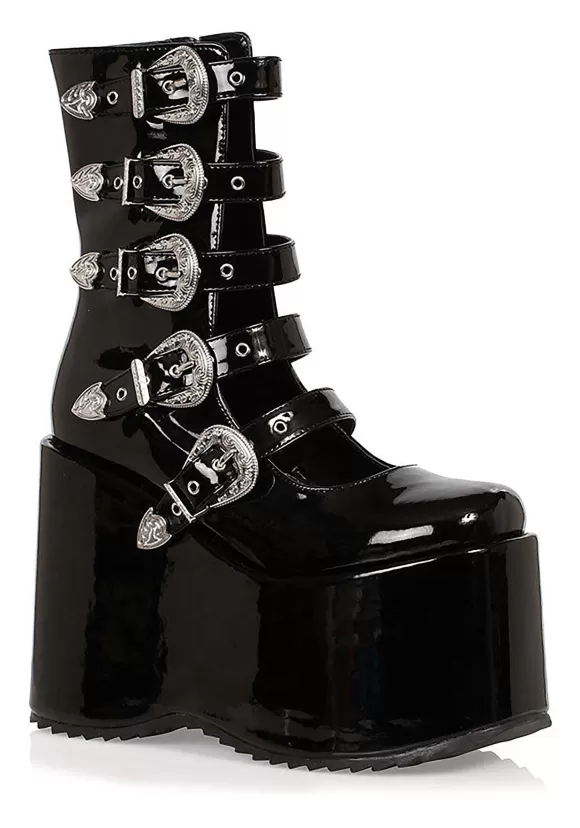 Clearance Ellie Black Platform Buckle Strap Boots For Women