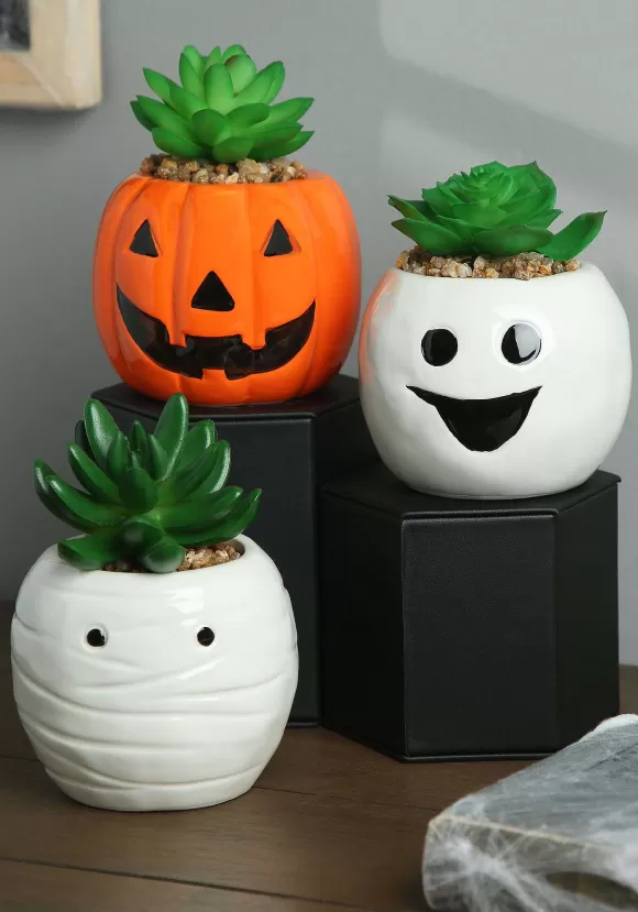 Hot Transpac Halloween Pumpkin, Ghost, And Mummy Succulent Planter Set