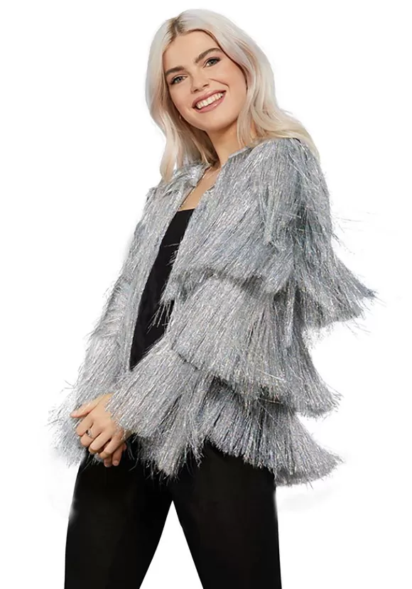 Shop Smiffys Silver Fringe Tinsel Jacket For Woman