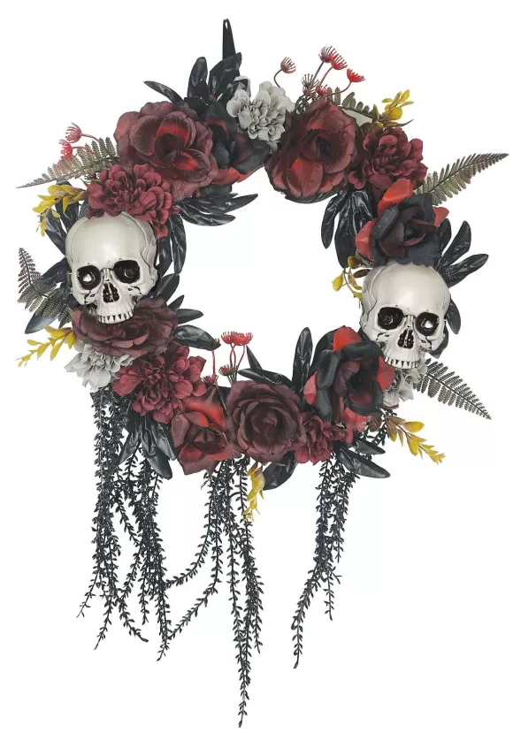 Store Sunstar Industries Skulls & Red Roses Halloween Wreath Decoration