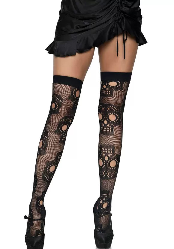 Discount Leg Avenue Sugar Skull Net Thigh High Stockings For Women