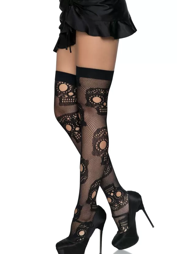 Discount Leg Avenue Sugar Skull Net Thigh High Stockings For Women